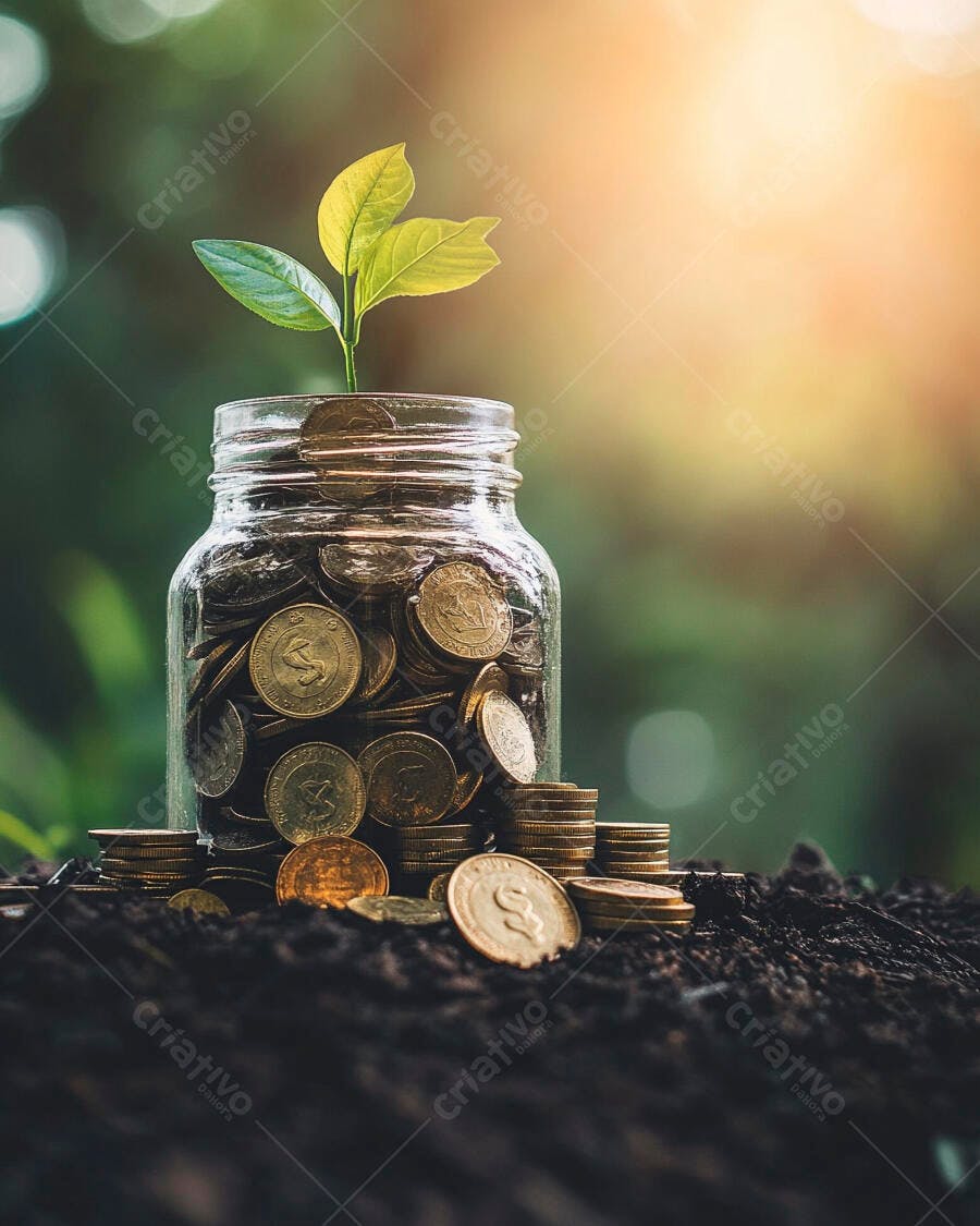 Foto Planta Crescendo Pote Moedas Terra Fundo Verde