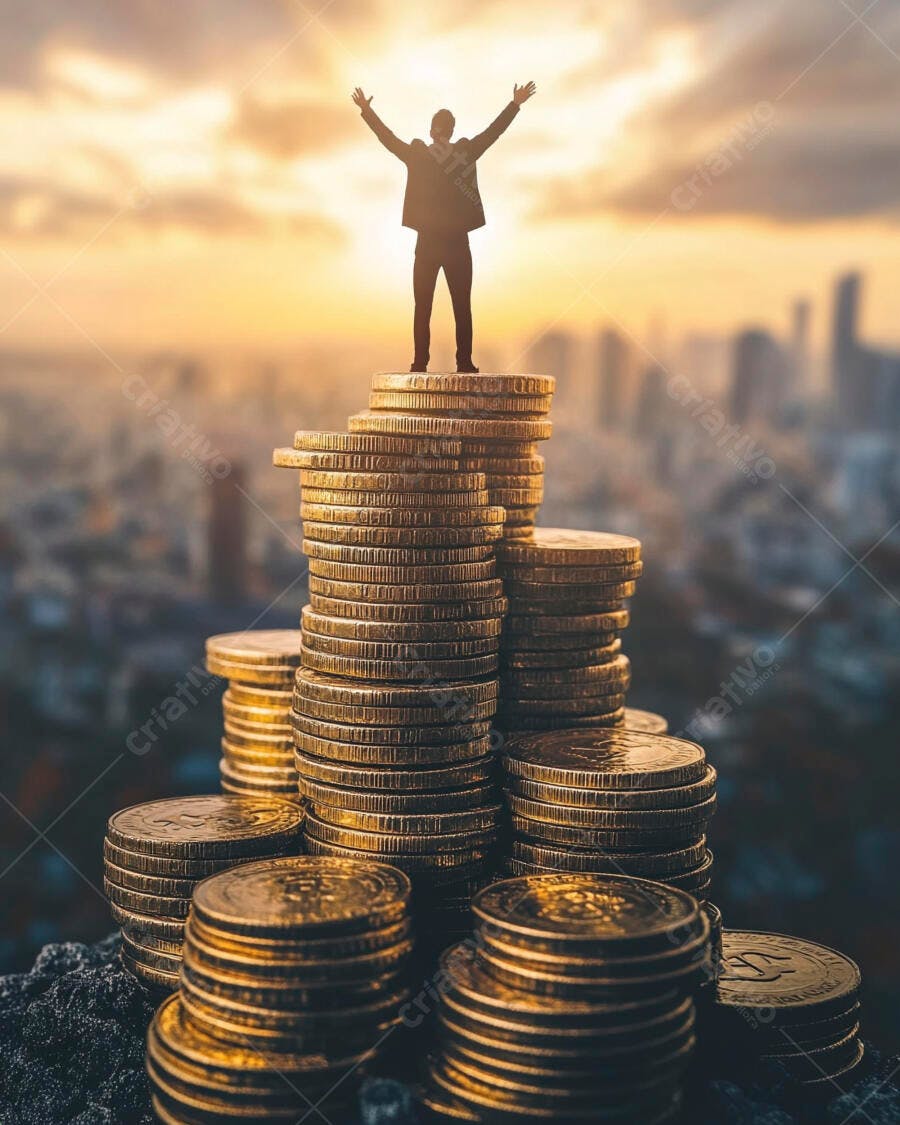 Foto Homem Celebrando Sucesso no Topo de Moedas Cidade