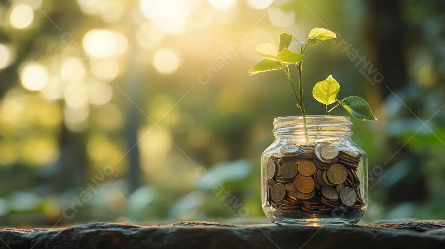 Foto Planta Crescendo Pote Moedas Fundo Borrado Dourado