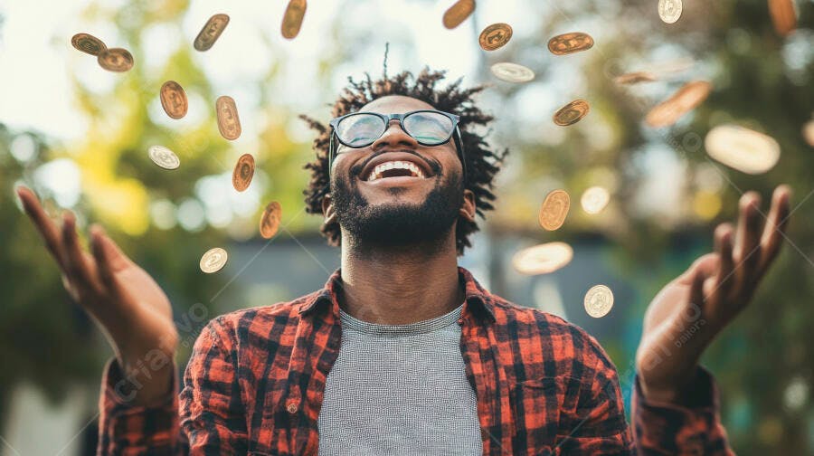 Foto Homem Negro Feliz Dinheiro Caindo Céu Aberto