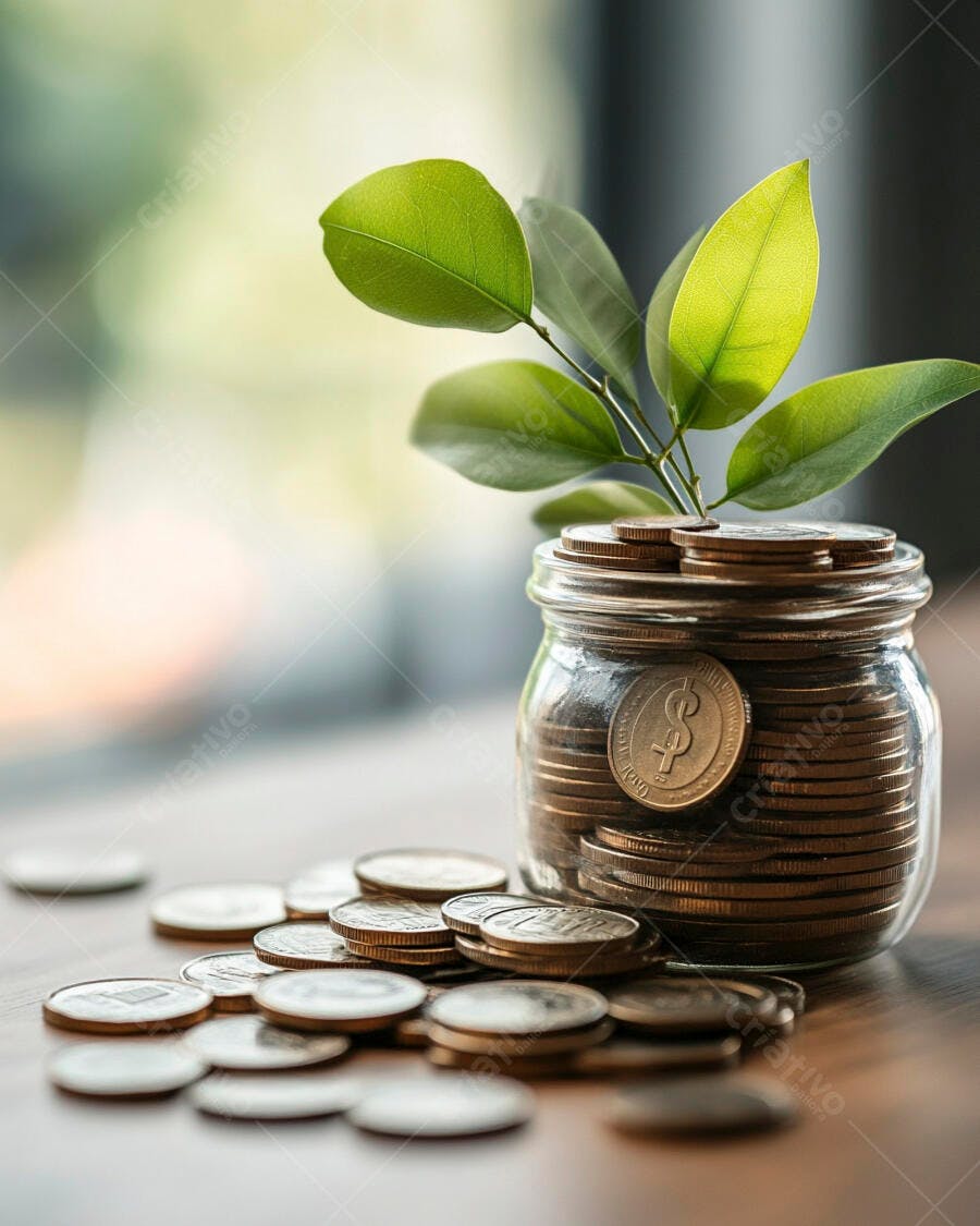 Foto Moedas e Planta Crescendo Pote de Vidro Economia