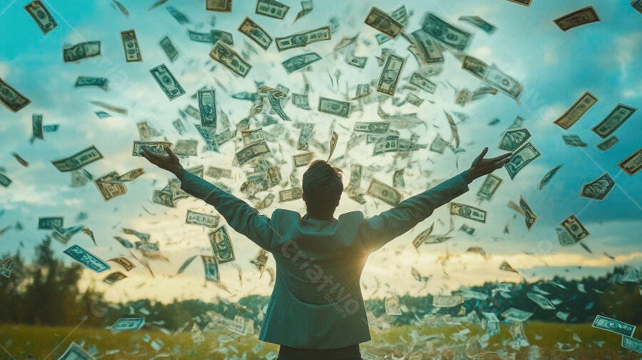Foto Pessoa Celebrando Dinheiro Caindo Céu Aberto Sucesso Financeiro