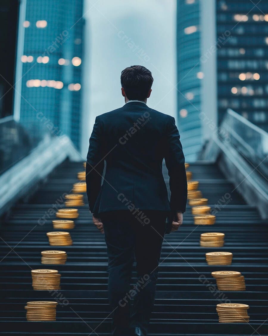 Foto Homem de Negócios Subindo Escadas com Moedas Sucesso Financeiro