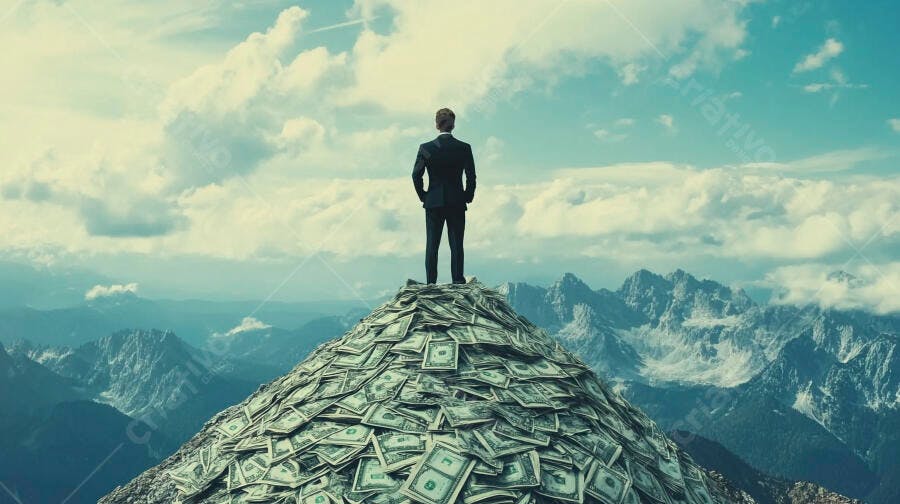 Foto Homem Terno Topo Montanha Dinheiro Sucesso Financeiro