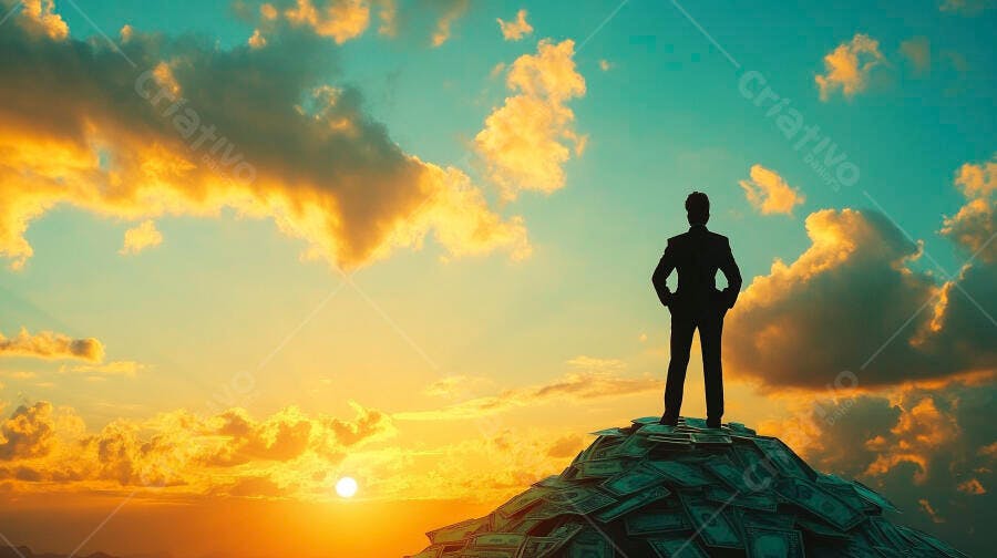 Foto Homem Silhueta Topo Montanha Dinheiro Pôr do Sol