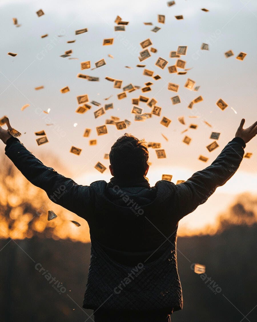 Foto Homem Celebrando Dinheiro Caindo Céu Dourado
