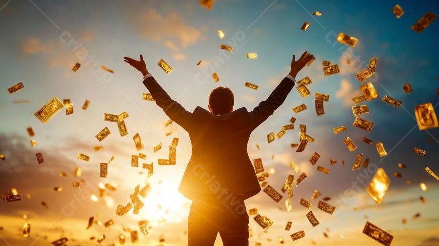 Foto Homem Celebrando Sucesso Dinheiro Caindo Céu Dourado