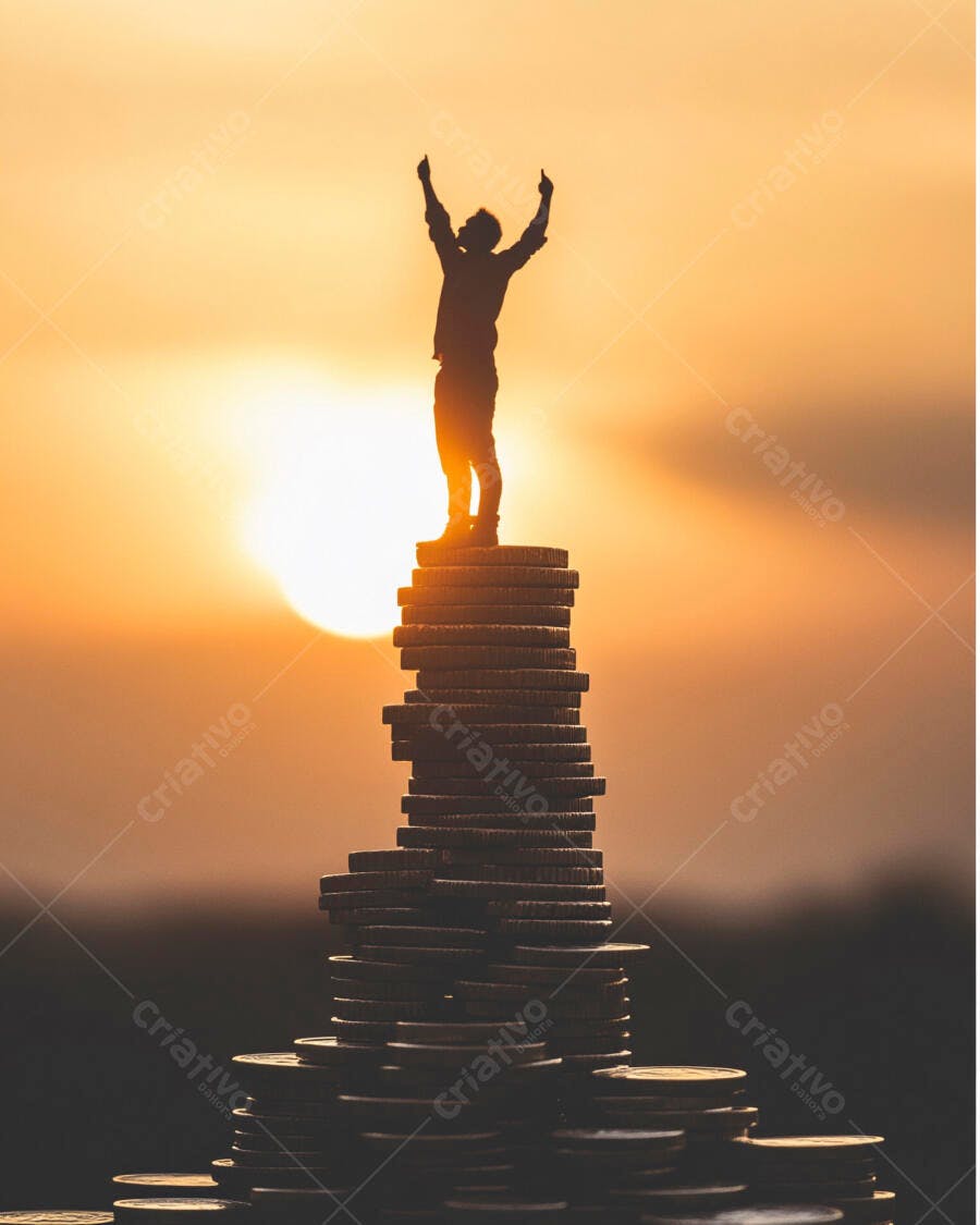 Foto Homem Celebrando Sucesso no Topo de Moedas Pôr do Sol