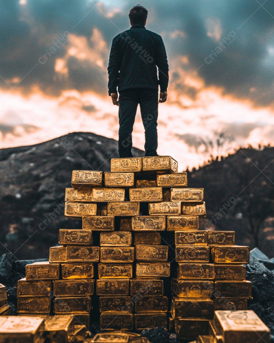 Foto Homem no Topo de Barras de Ouro Sucesso Financeiro