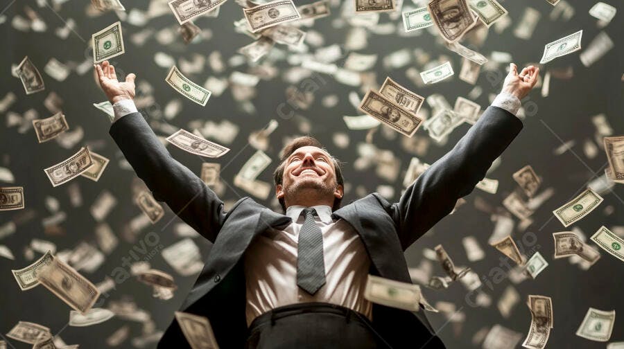 Foto Homem de Negócios Celebrando Chuva de Dinheiro Sucesso Financeiro