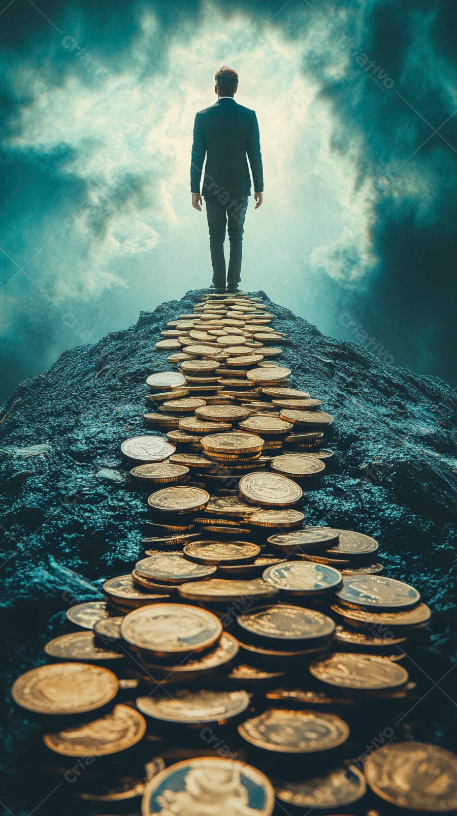 Foto Homem Subindo Montanha de Moedas Sucesso Financeiro
