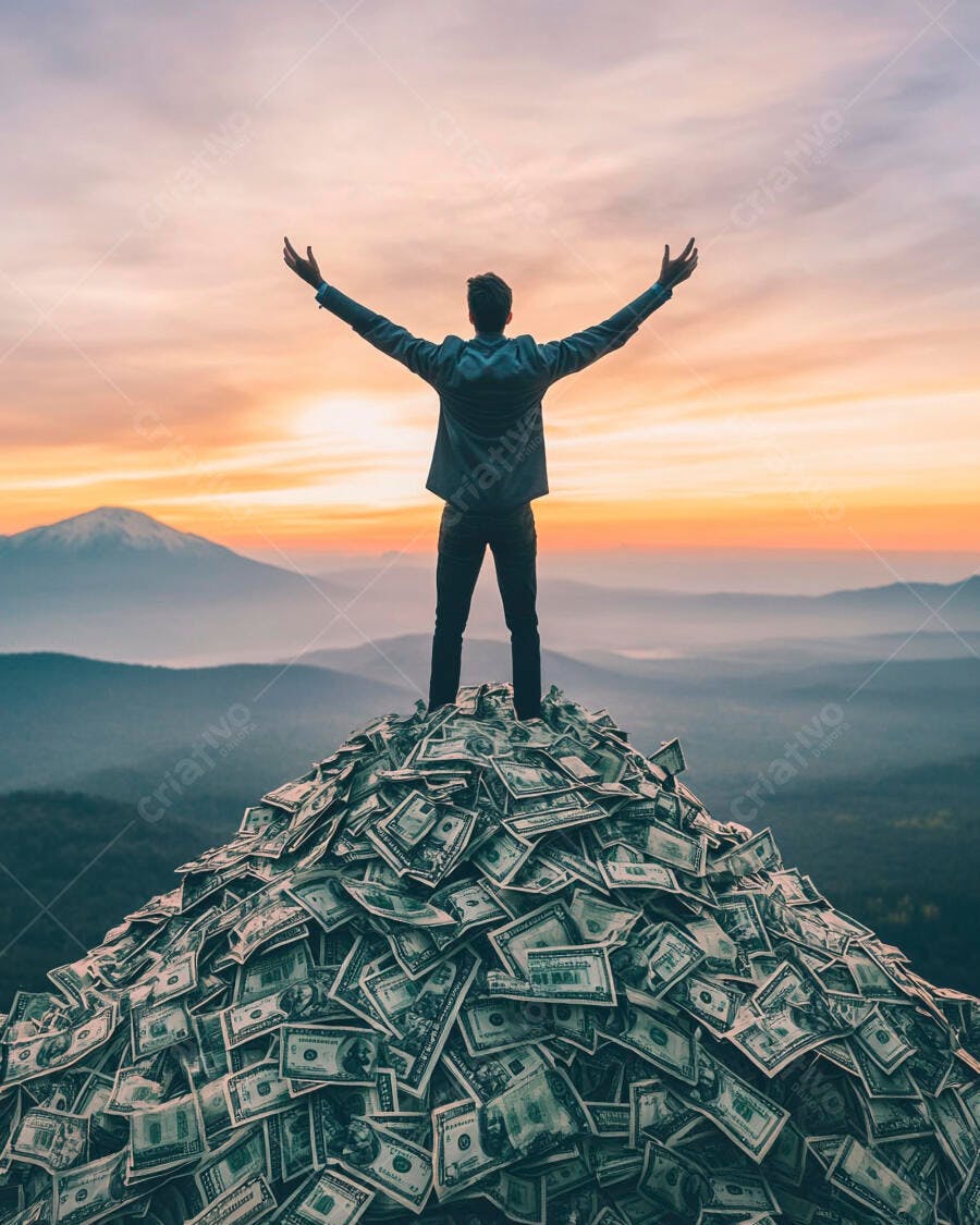 Foto Homem no Topo Montanha de Dinheiro Sucesso Financeiro