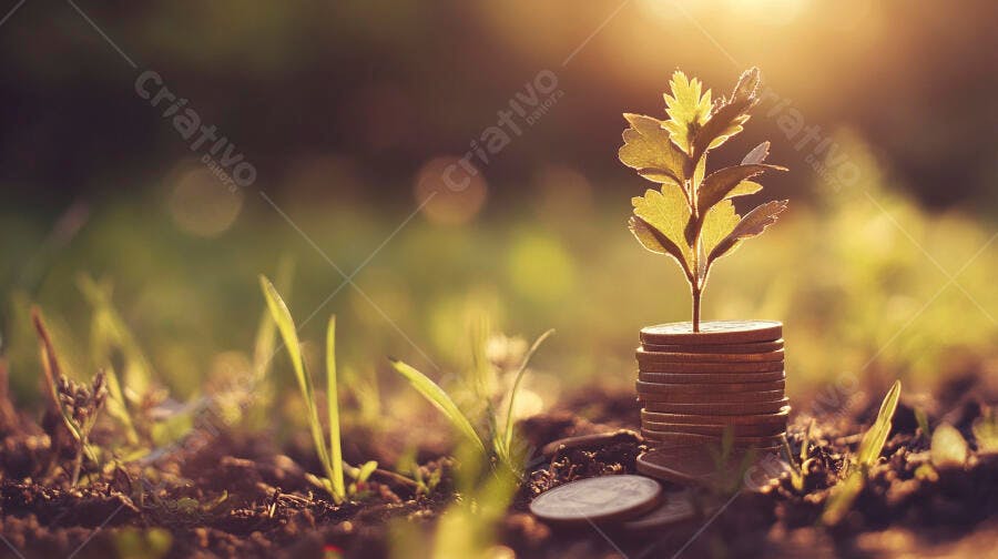 Foto Planta Crescendo Moedas Terra Iluminação Dourada