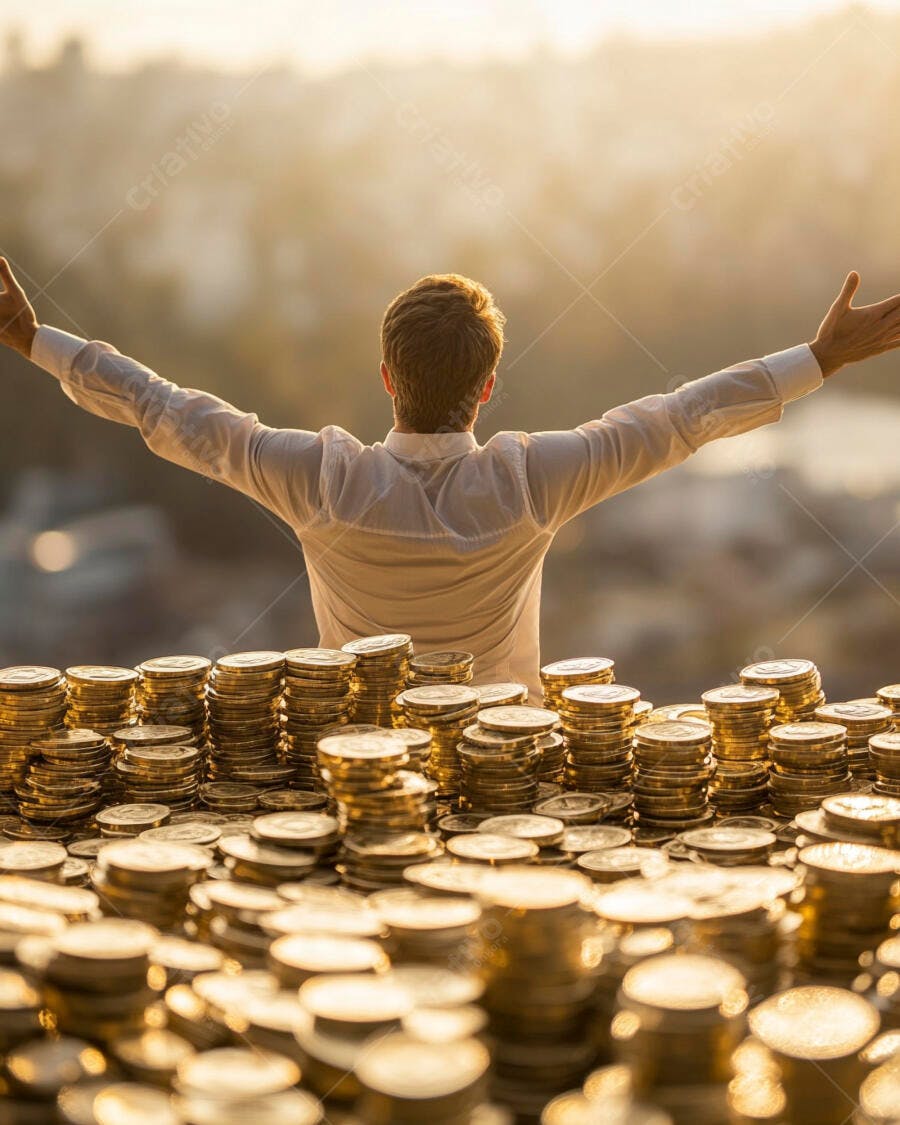 Foto Homem Celebrando Sucesso Financeiro com Moedas Douradas