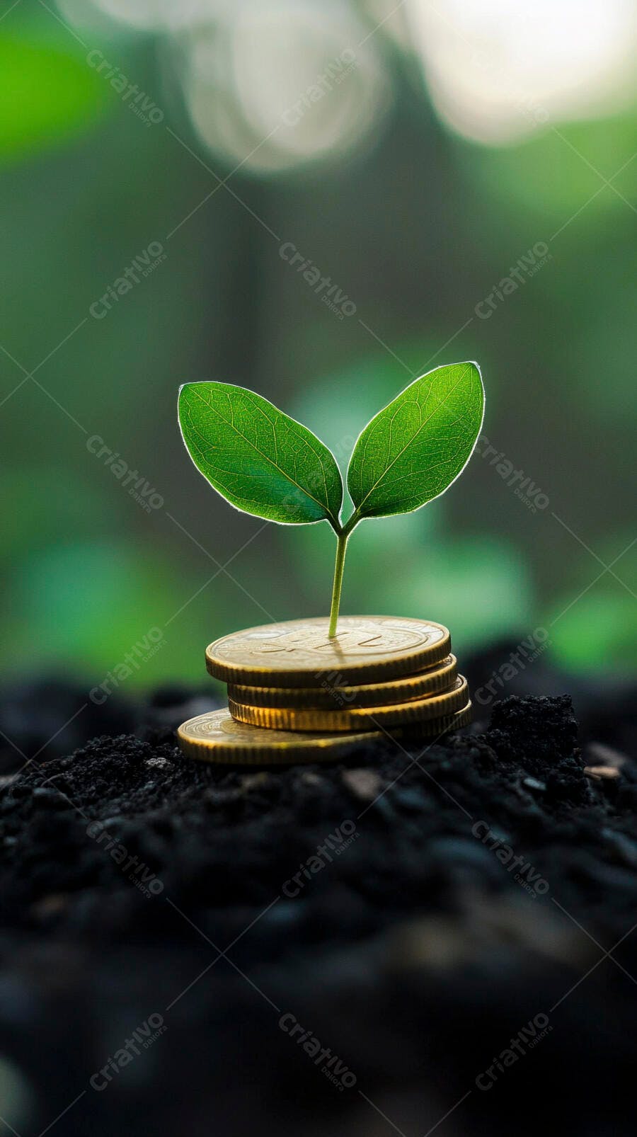 Foto Planta Crescendo Moedas Terra Fundo Verde Bokeh