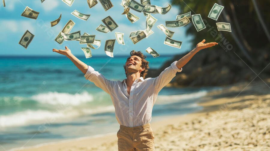 Foto Homem Feliz Dinheiro Caindo Praia Sucesso Financeiro