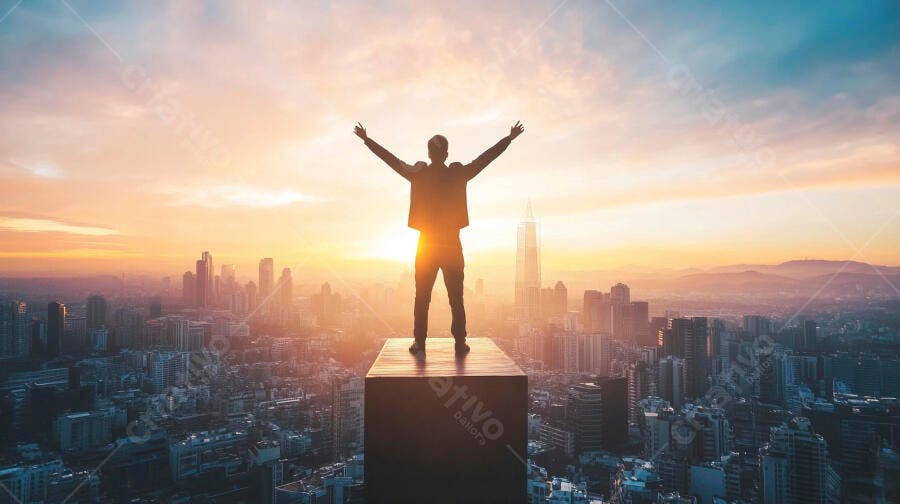 Foto Homem Silhueta Celebrando Sucesso Topo Prédio Cidade Pôr do Sol