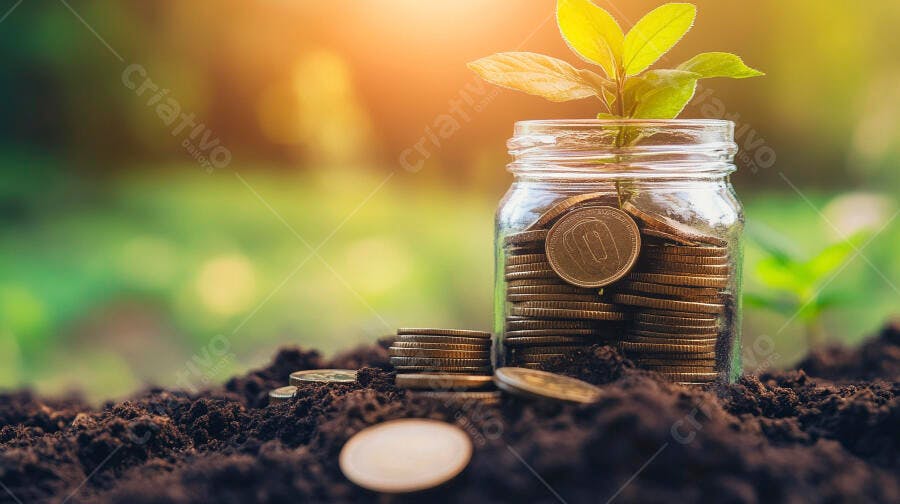 Foto Planta Crescendo Pote Moedas Terra Fértil Investimento