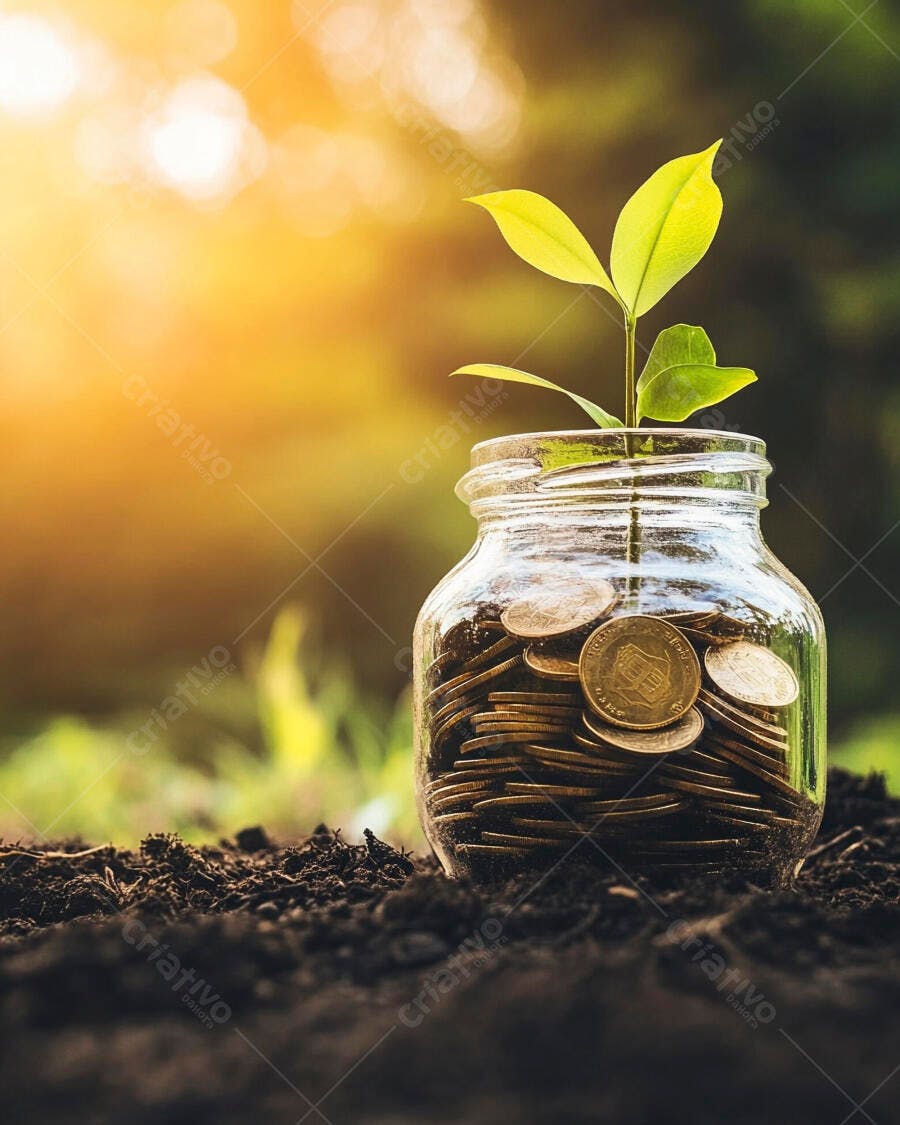 Foto Planta Crescendo Pote Moedas Terra Fundo Dourado