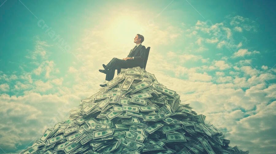 Foto Homem de Negócios Sentado Montanha de Dinheiro Sucesso Financeiro