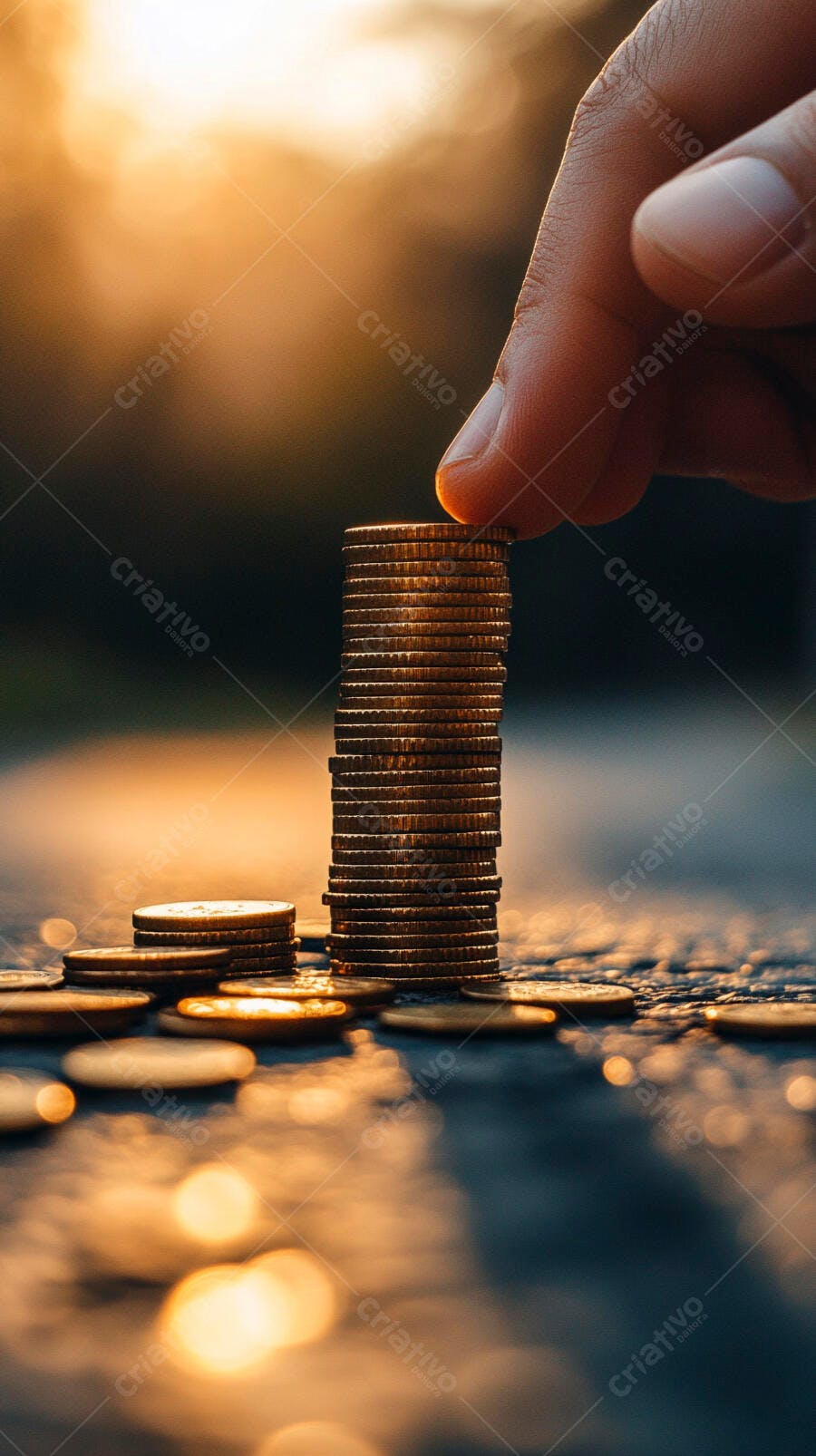 Foto Mão Empilhando Moedas Crescimento Financeiro Pôr do Sol