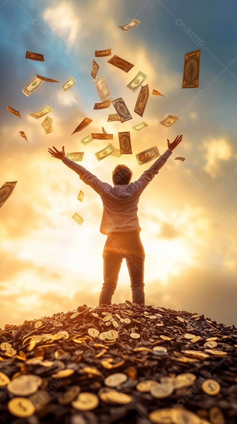 Foto Pessoa Celebrando Sucesso Dinheiro Caindo Céu Dourado
