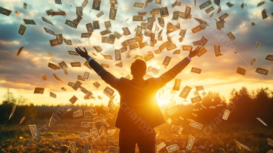 Foto Homem Celebrando Chuva de Dinheiro Pôr do Sol Campo