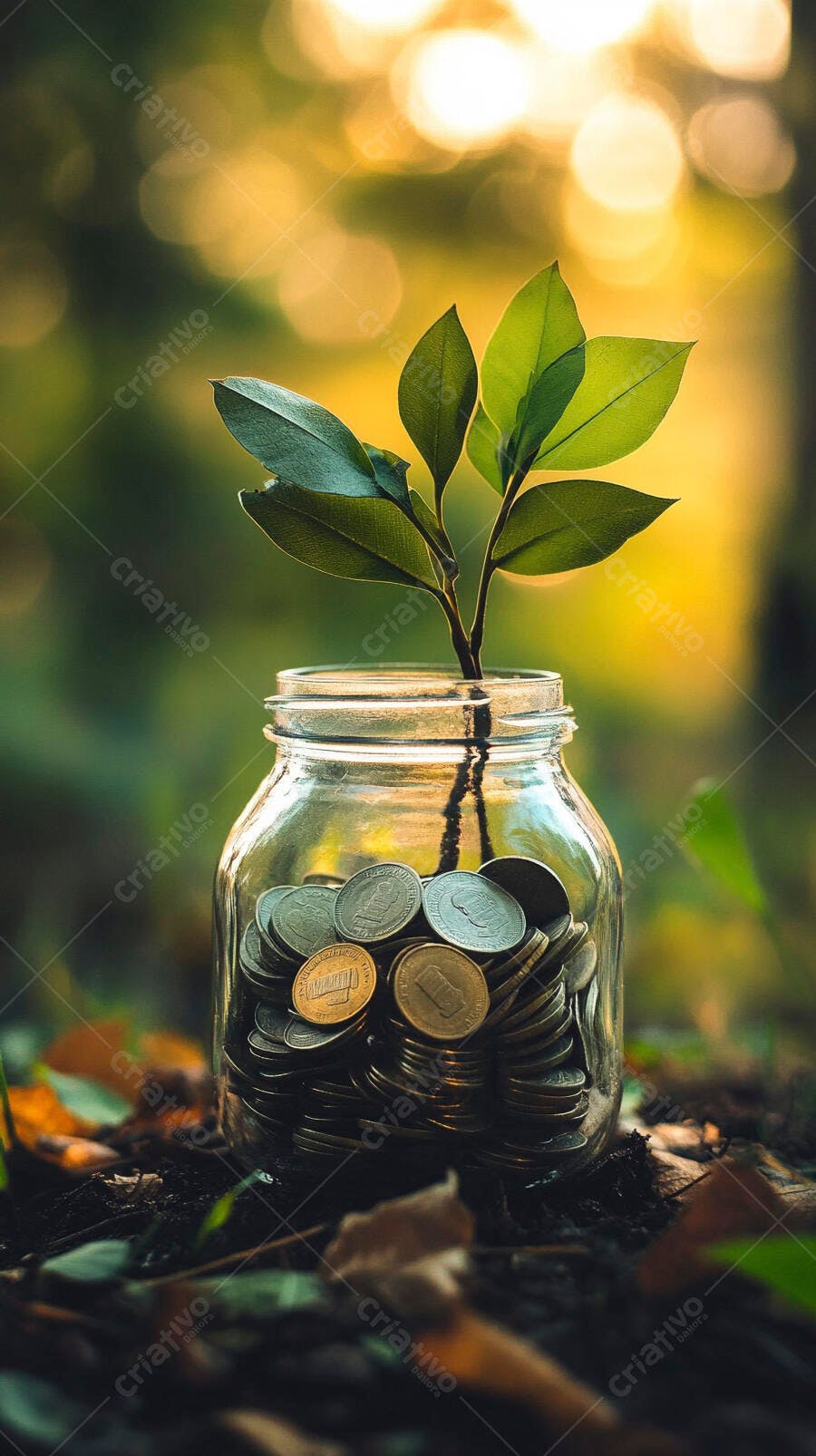 Foto Planta Crescendo Pote de Moedas Fundo Bokeh Dourado