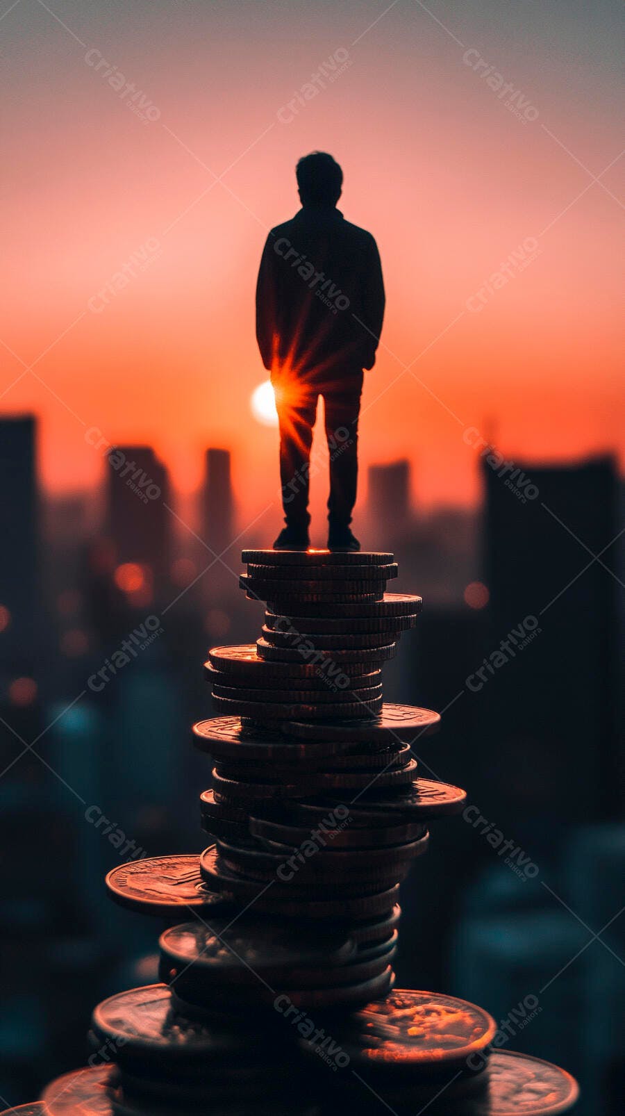 Foto Homem Silhueta Pilha de Moedas Pôr do Sol Cidade