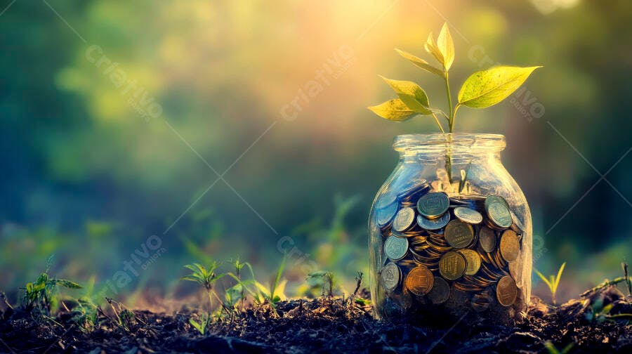 Foto Planta Crescendo Pote Moedas Terra Fundo Desfocado