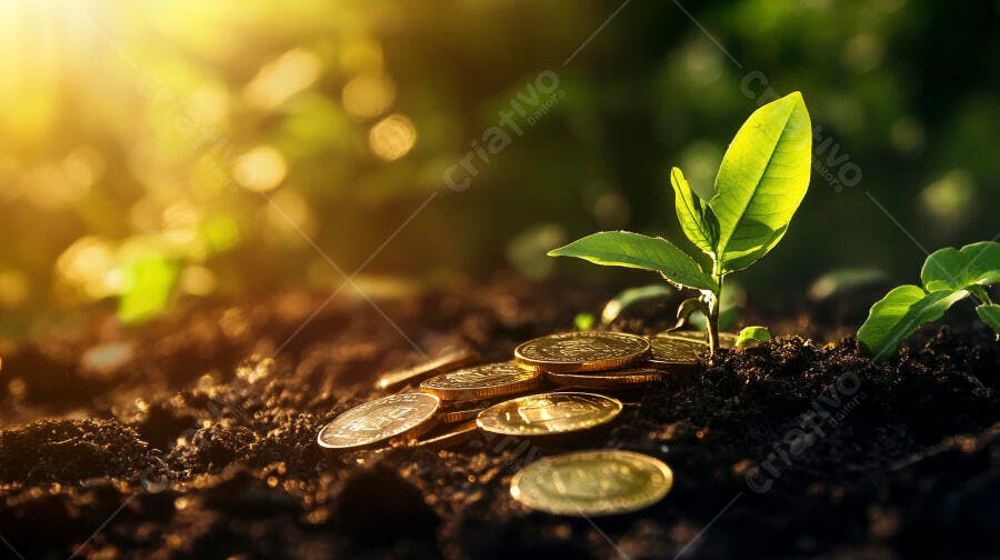 Foto Broto Crescendo Moedas Terra Iluminação Dourada