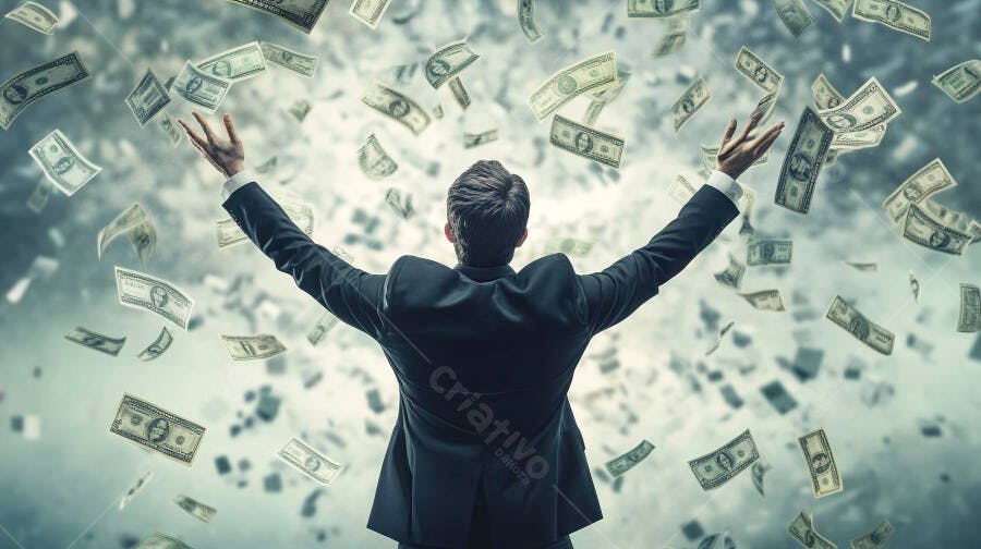 Foto Homem de Terno Celebrando Chuva de Dinheiro Sucesso Financeiro
