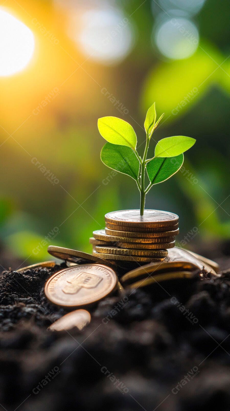 Foto Planta Crescendo Moedas Terra Fundo Borrado Dourado