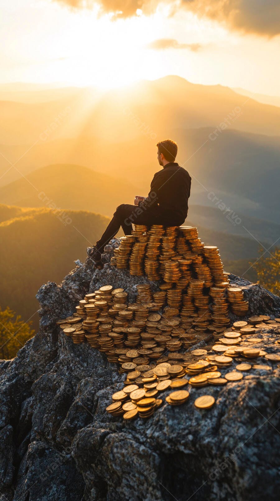Foto Homem Sentado Moedas Ouro Topo Montanha Pôr do Sol