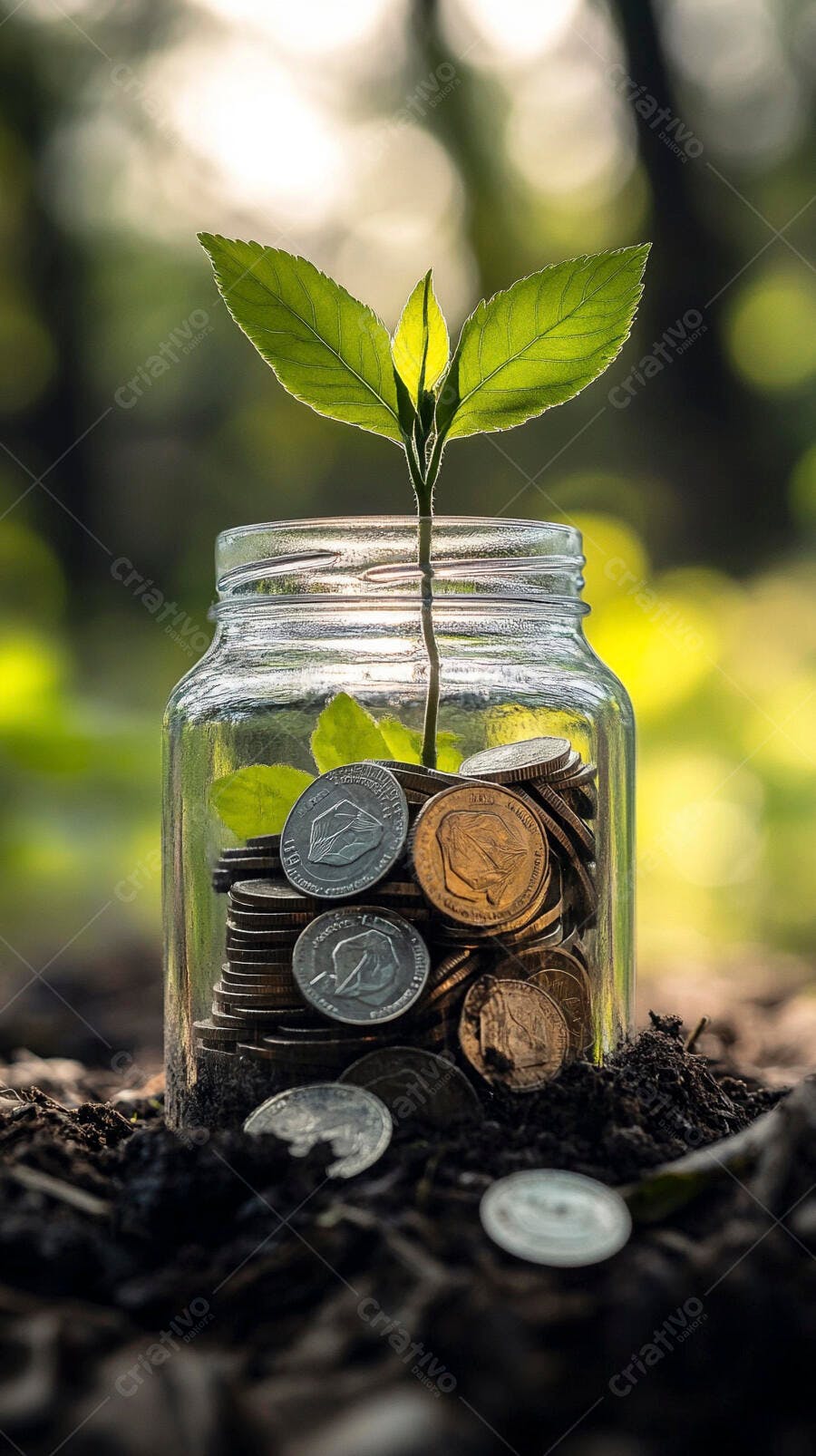 Foto Planta Crescendo Pote Moedas Terra Fundo Verde