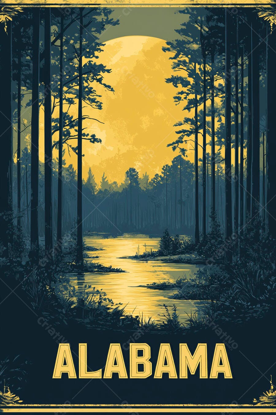 Pôster Vintage Alabama Floresta Rio Lua Cheia Retrô