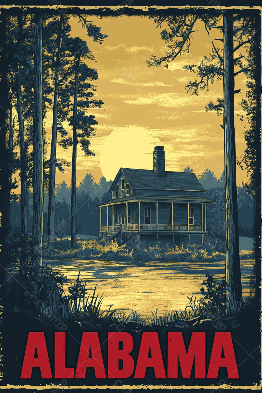Ilustração Casa Antiga Floresta Pôr do Sol Alabama