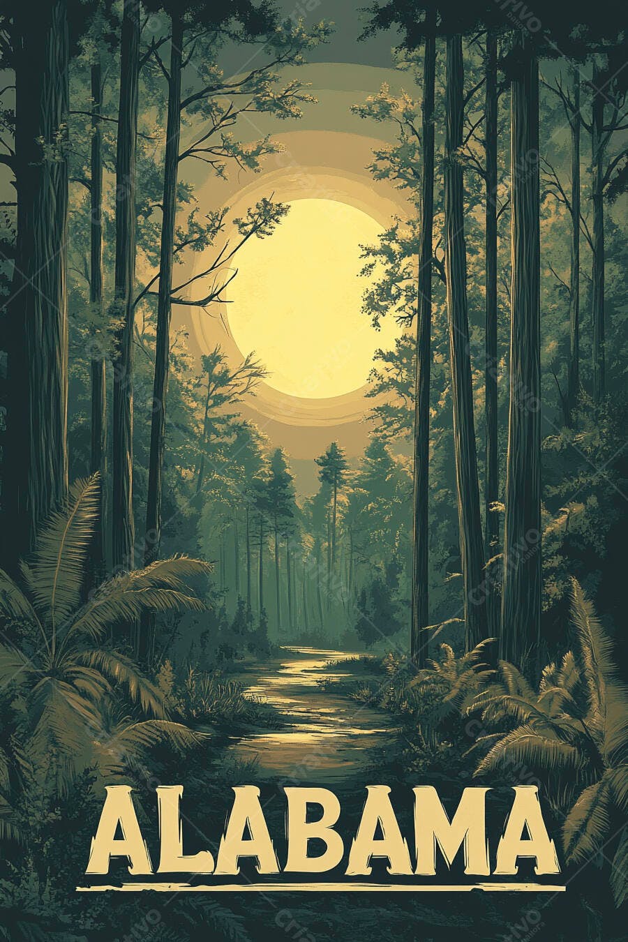 Ilustração Floresta Alabama Pôr do Sol Vintage