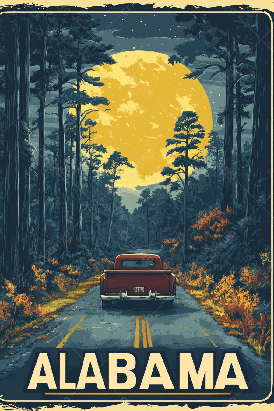 Pôster Vintage Alabama Caminhonete Floresta Lua Cheia