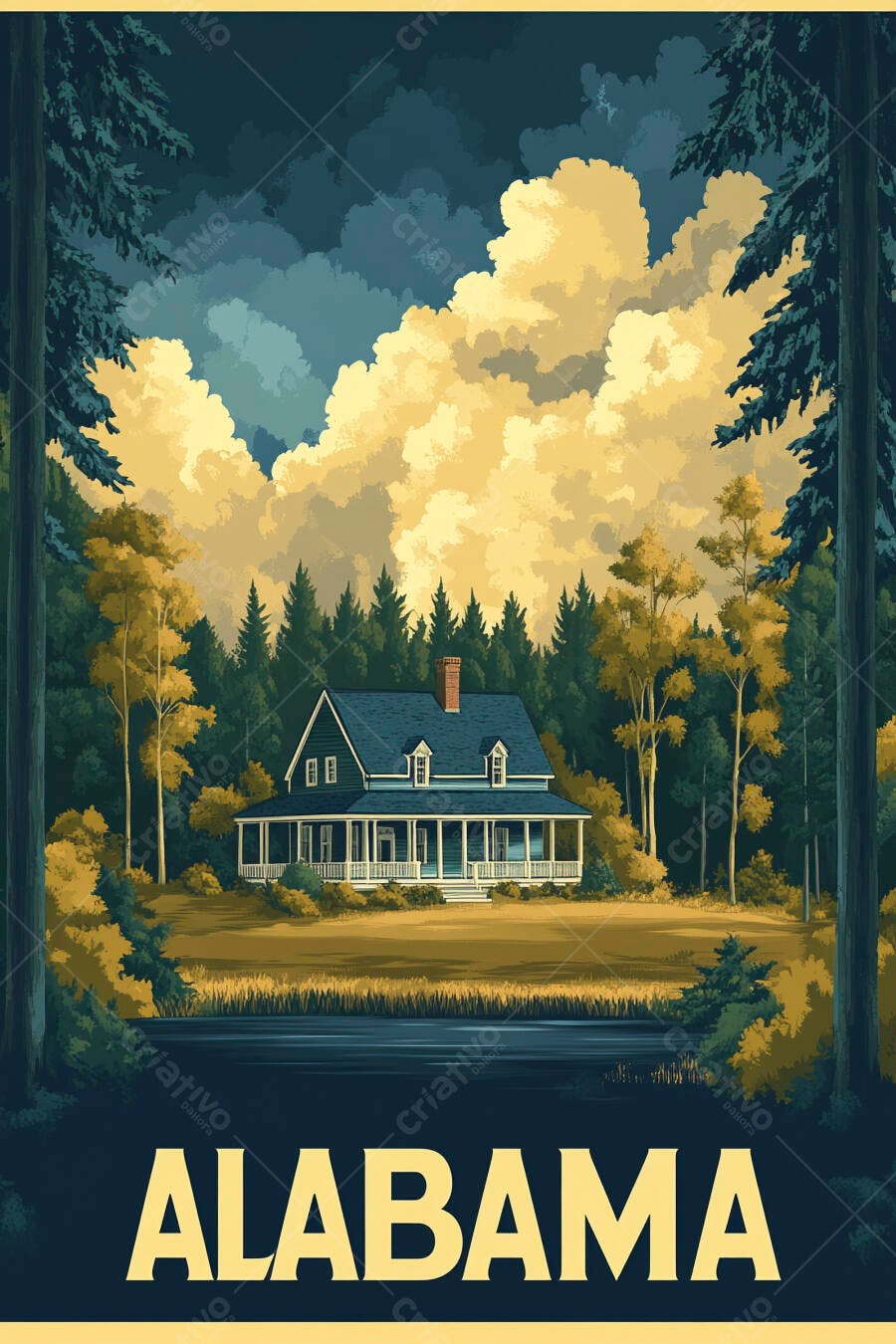 Pôster Vintage Alabama Casa Floresta Lago Ilustração