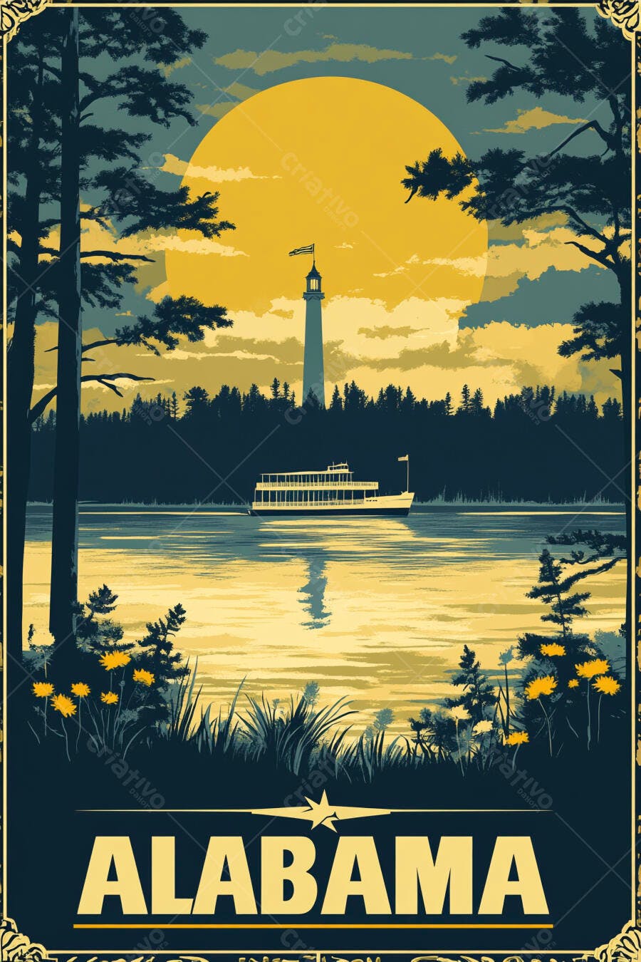 Pôster Vintage Alabama Farol Rio Barco Sol Nascente