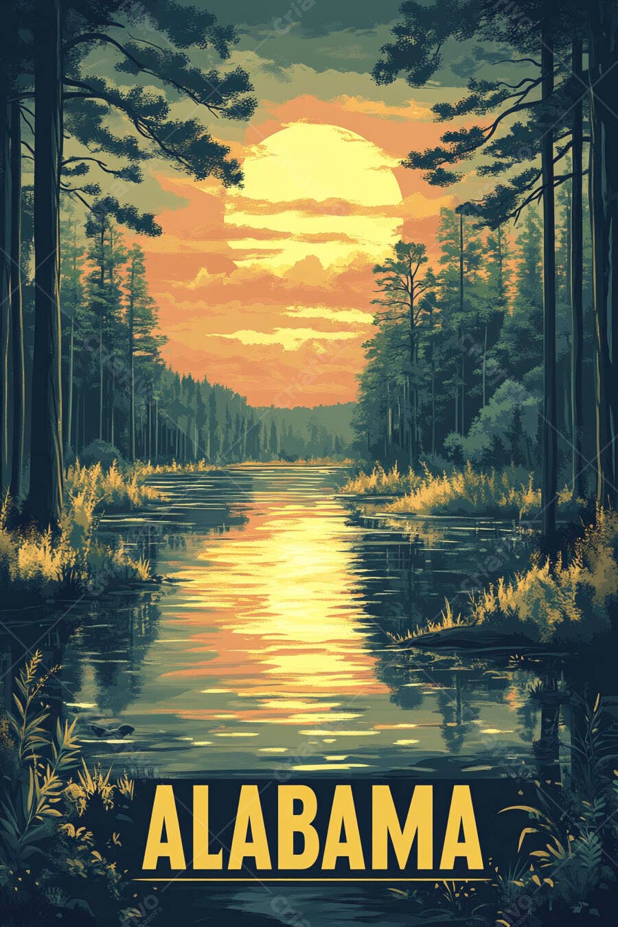Pôster Vintage Alabama Rio Floresta Pôr do Sol Ilustração