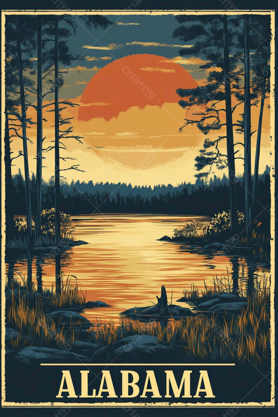 Pôster Vintage Alabama Lago Pôr do Sol Floresta