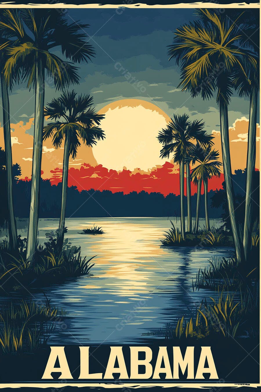 Pôster Vintage Alabama Palmeiras Lago Pôr do Sol