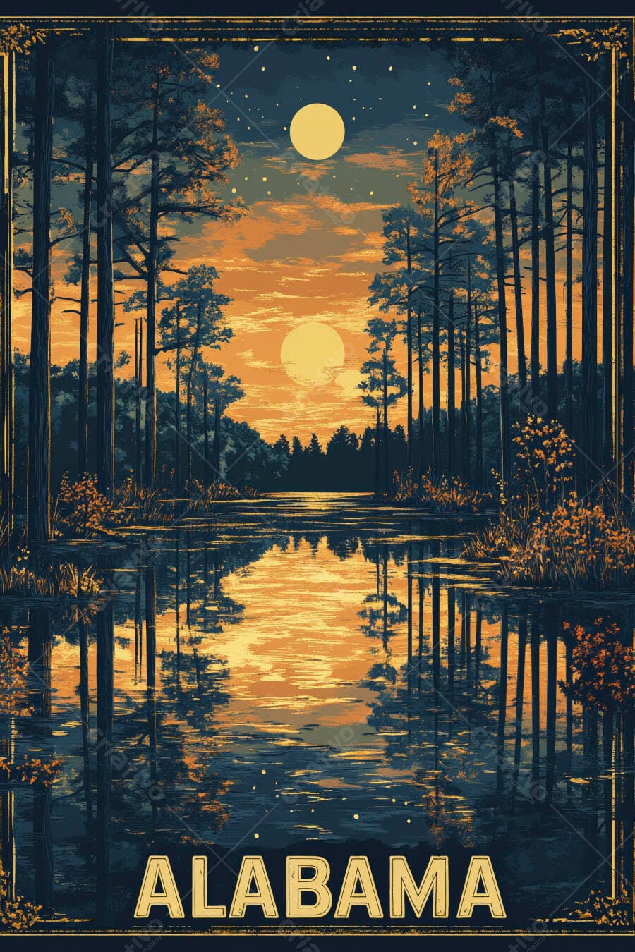 Ilustração Alabama Pôr do Sol Lago Floresta Pinheiros