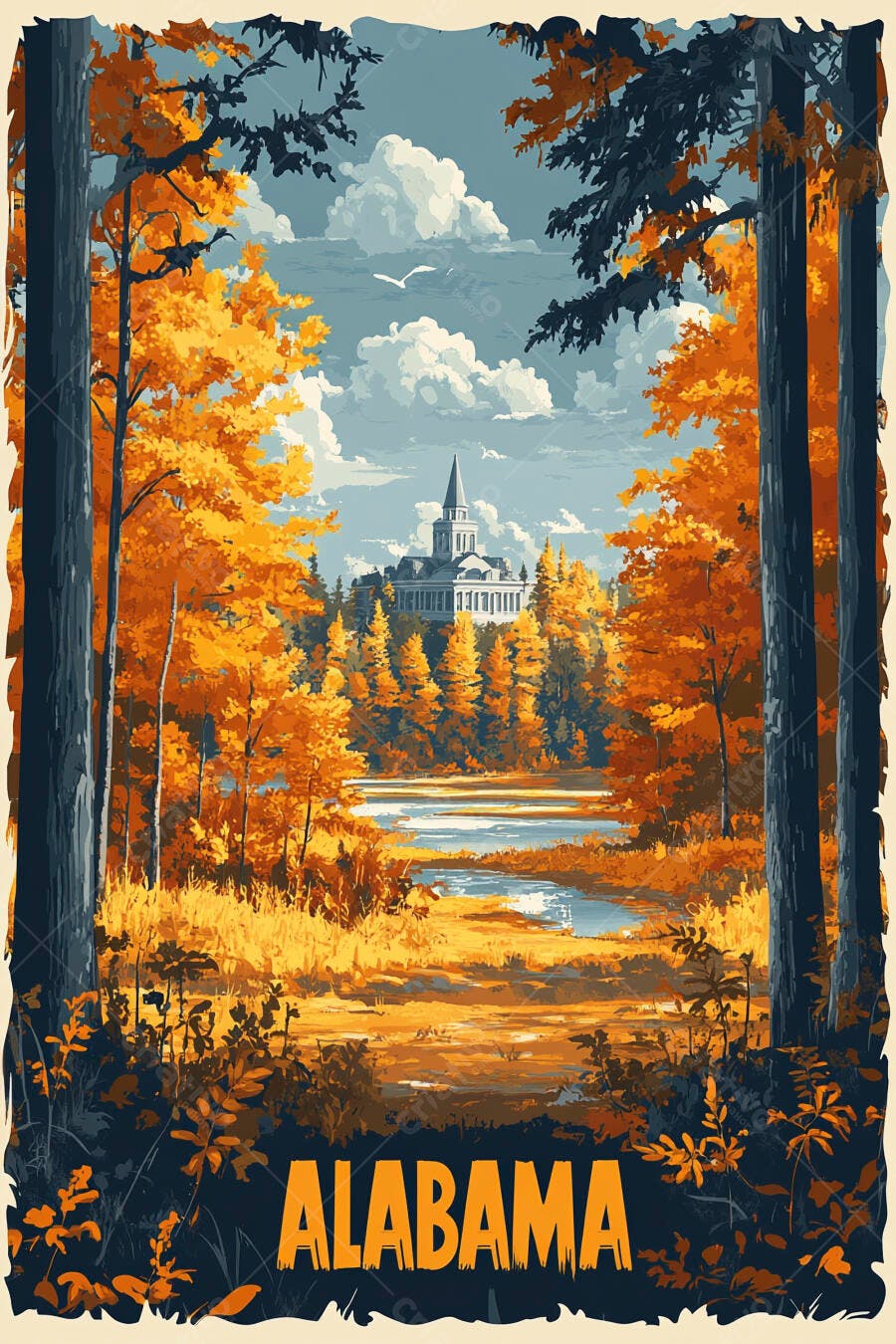 Ilustração Alabama Outono Rio Edifício Histórico