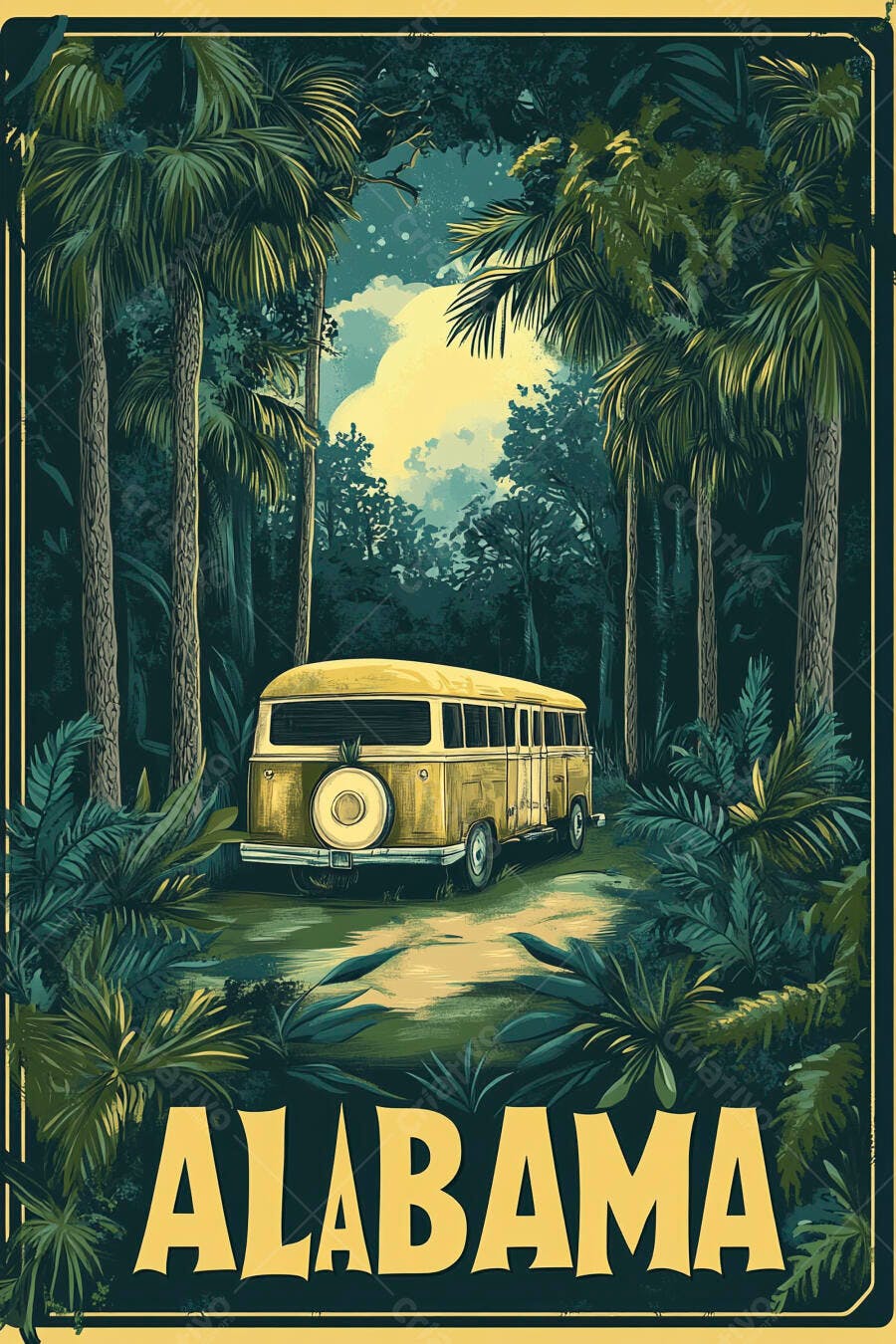 Pôster Vintage Kombi Amarela Floresta Tropical Alabama