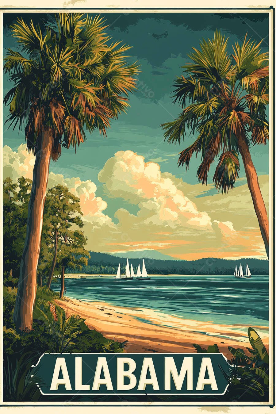 Pôster Vintage Alabama Praia Palmeiras Barcos