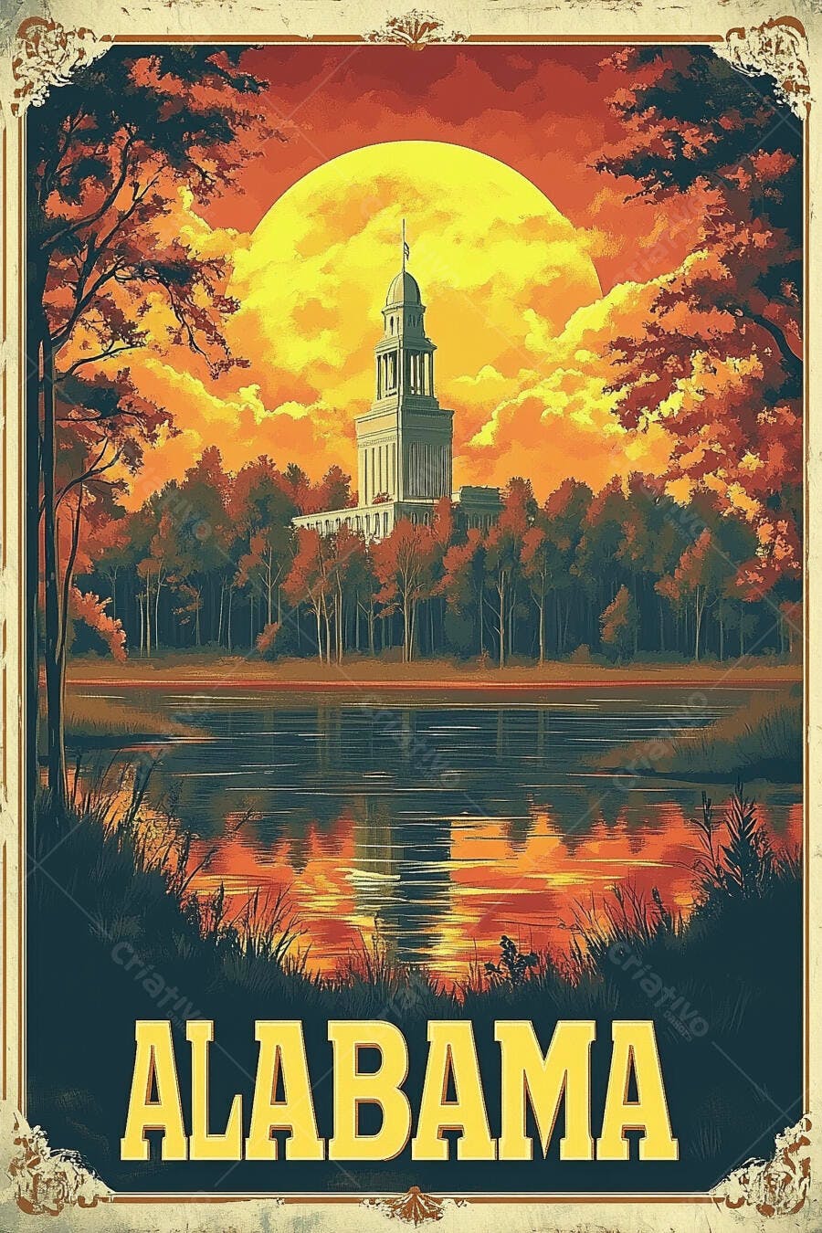 Pôster Vintage Alabama Capitólio Lago Pôr do Sol