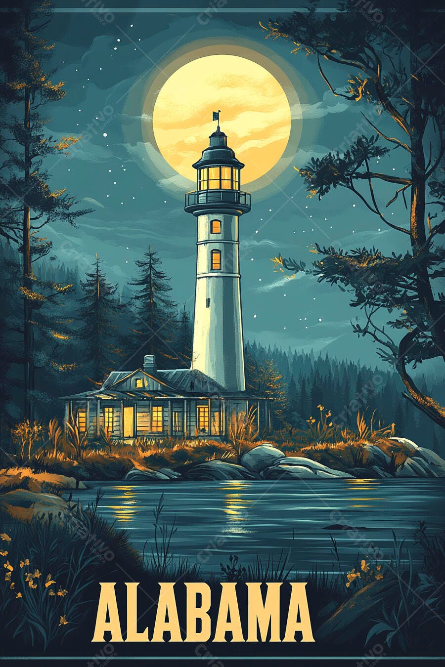 Farol e Casa na Floresta Noite de Lua Cheia Alabama